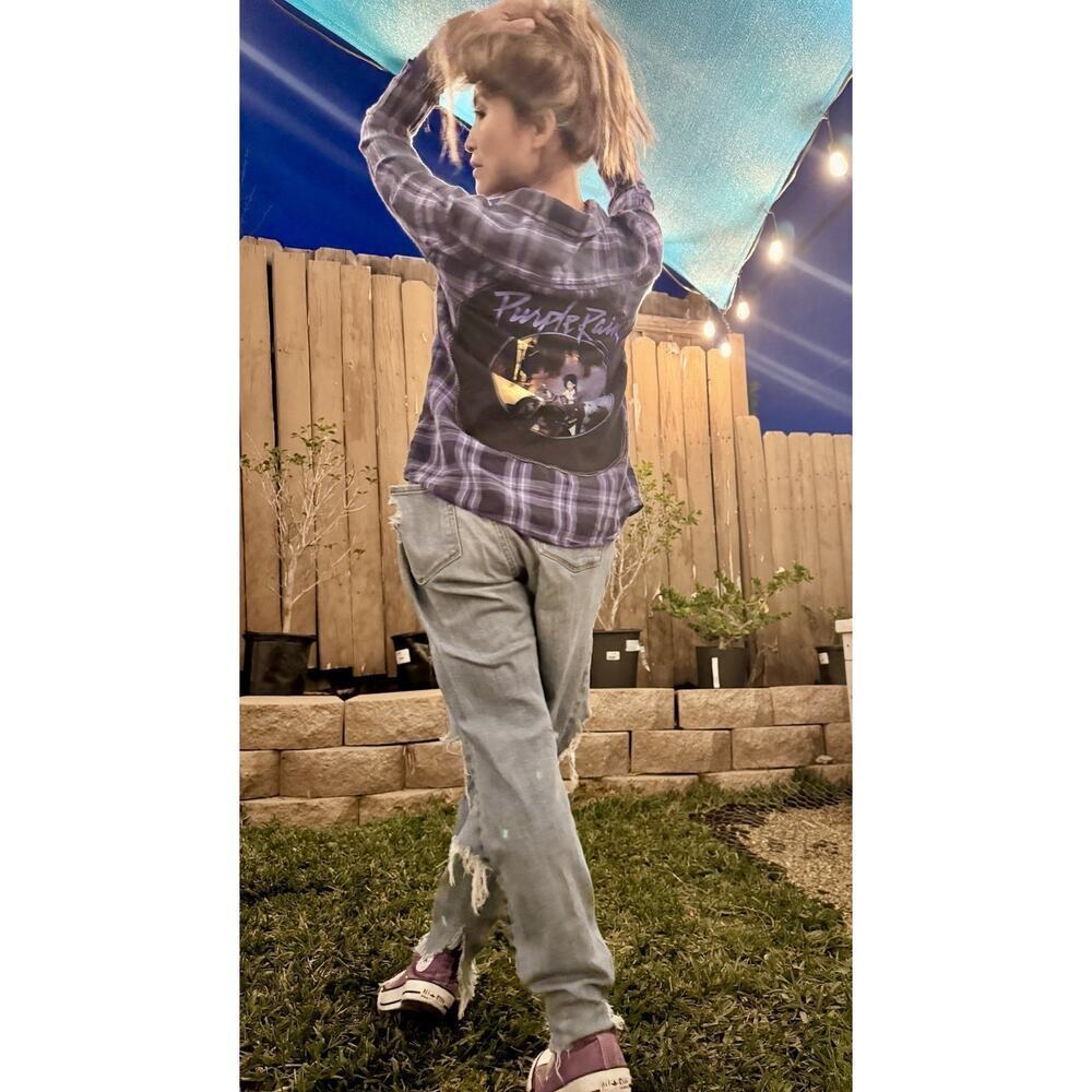 PURPLE RAIN Prince Upcycled 80s Pop Rock Soul Vintage Retro Plaid Flannel Sz XS